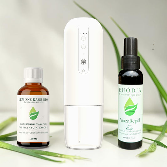 Kit antizanzare naturale per spazi esterni con diffusore bianco Euodia