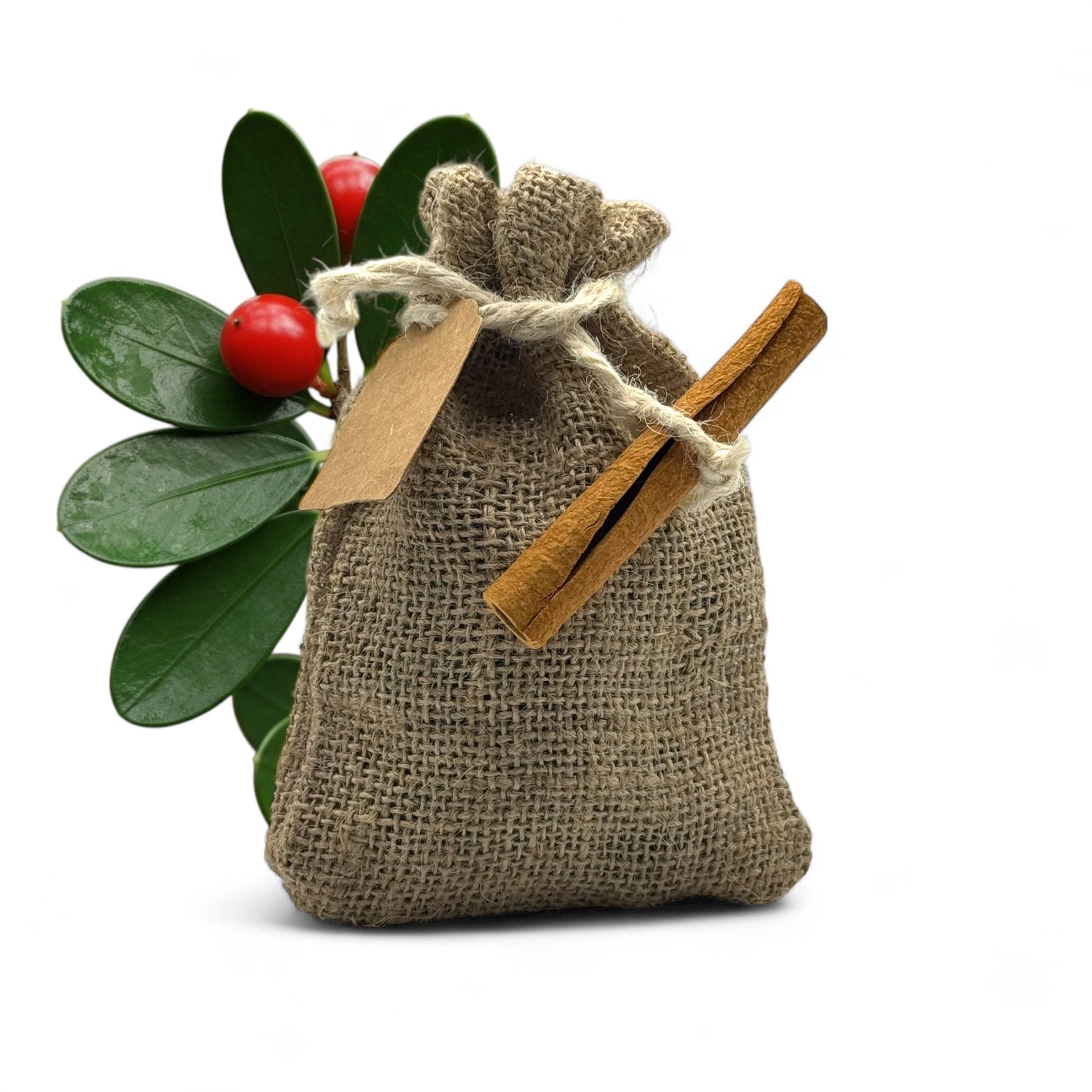 Sacchettino in Juta con Bastoncino di Cannella e Cartellino Regalo