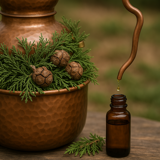 distillazione dei rametti e delle pigne di cipresso