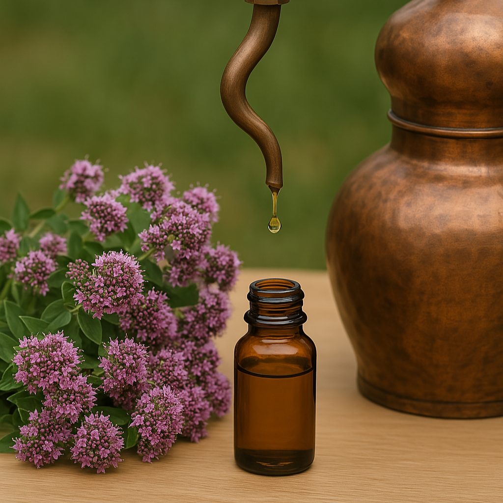 distillazione della pianta in fiore di origano