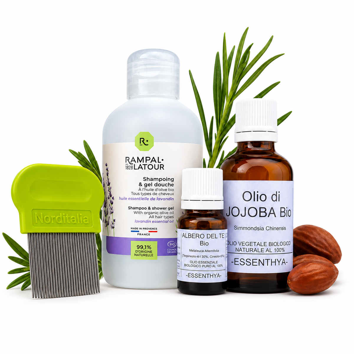 Kit Anti-pidocchi EUODIA con pettine Green Comb, shampoo Lavandino, Tea Tree e Jojoba