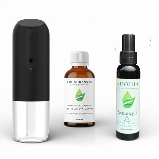 Kit antizanzare naturale per casa con diffusore a secco ZEFIRO, olio essenziale lemongrass bio 100ml e spray ZanzaRepel EUODIA