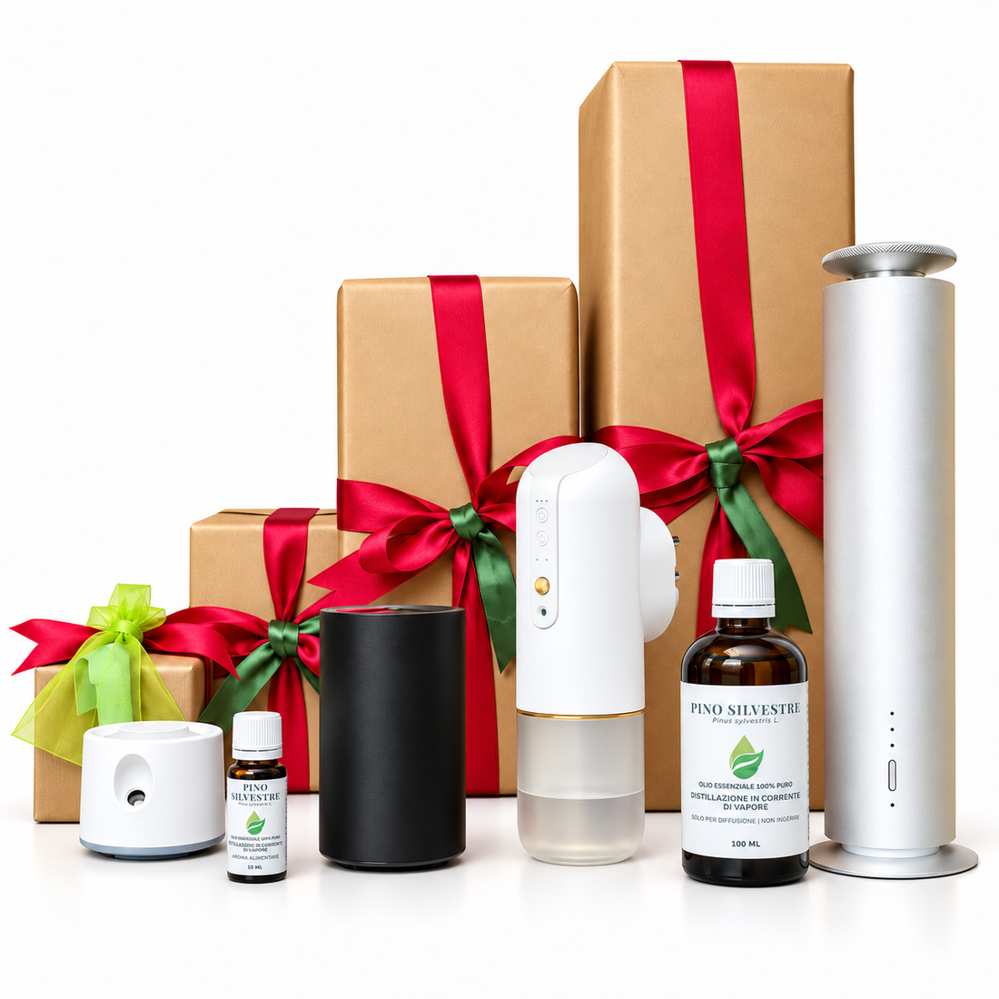 Gamma dei diffusori a secco come idea regalo abbinati all'Olio Essenziale di Pino Silvestre