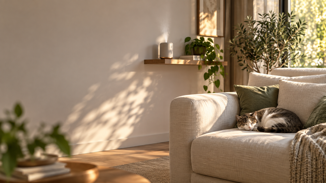 Diffusore a secco programmabile in salotto, con un gatto che riposa sul divano