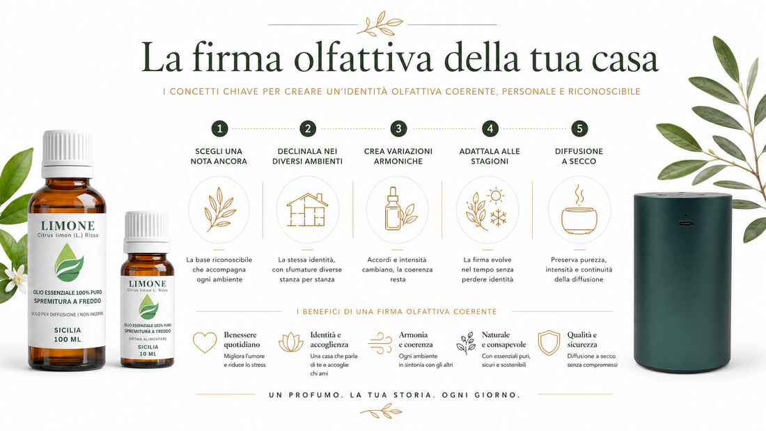 Firma olfattiva della casa con oli essenziali, arredi naturali e diffusore a secco EUODIA