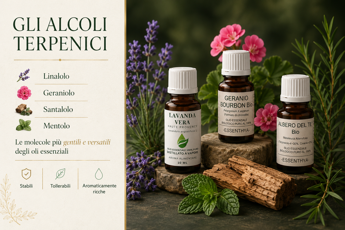 Oli essenziali EUODIA ricchi di alcoli terpenici — lavanda, geranio, tea tree — con struttura molecolare decorativa su sfondo botanico verde scuro