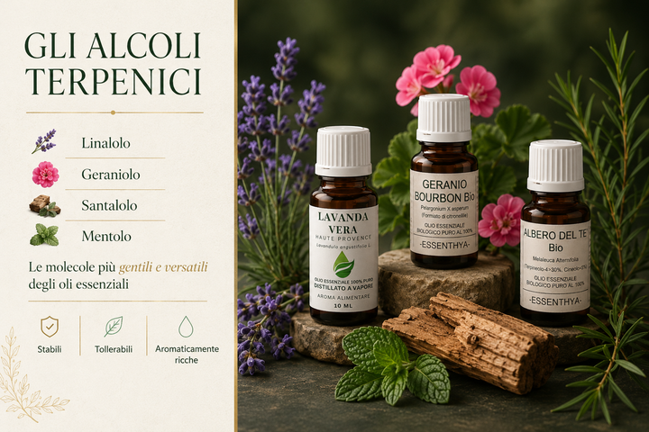 Oli essenziali EUODIA ricchi di alcoli terpenici — lavanda, geranio, tea tree — con struttura molecolare decorativa su sfondo botanico verde scuro