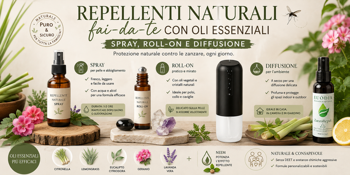 Repellenti naturali con oli essenziali: spray, roll-on e diffusione