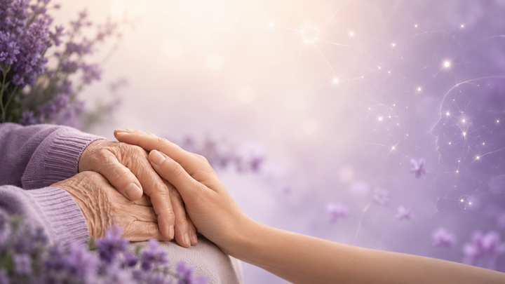 Mani di una persona anziana sostenute da un caregiver su sfondo viola, immagine simbolica di memoria, Alzheimer e assistenza quotidiana.