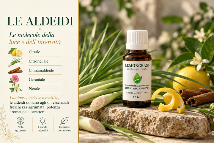 Le aldeidi negli oli essenziali — citrale, citronellale, cinnamaldeide, geraniale e nerale — con un flacone di olio essenziale di Lemongrass EUODIA da 10 ml fra steli freschi, limone, fiori d'arancio e stecche di cannella