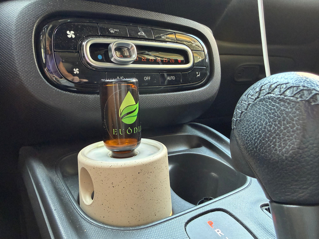 Diffusore a secco AURA nell'abitacolo di un'auto — diffusione controllata di oli essenziali puri