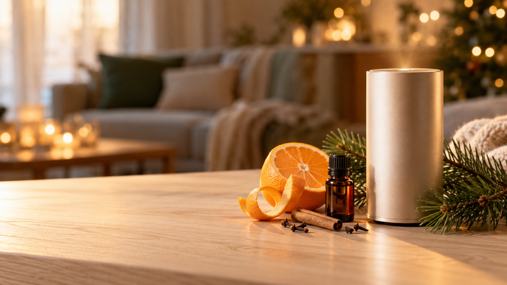 Diffusore a secco con olio essenziale, rametto di pino, arancia e spezie per profumare casa a Natale