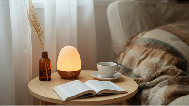 Angolo relax con diffusore di oli essenziali, tisana e luce calda, per guida su aromaterapia contro ansia e stress