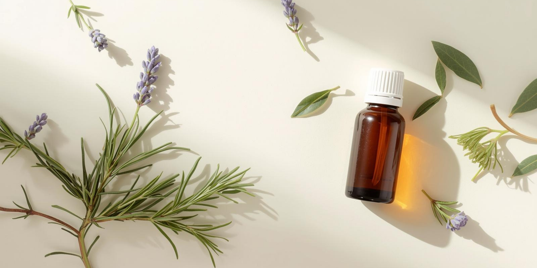 olio essenziale per cuoio capelluto con rosmarino e lavanda su sfondo chiaro