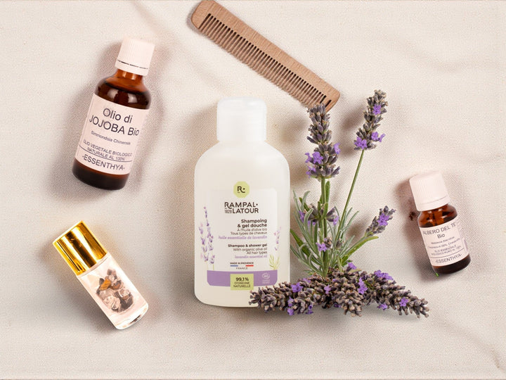 Rimedi naturali contro i pidocchi: shampoo alla lavanda Rampal Latour, olio di jojoba, olio essenziale di albero del tè, spray e pettine — kit naturale EUODIA