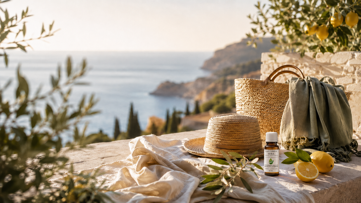 Oli essenziali e diffusore a secco EUODIA in un ambiente estivo mediterraneo