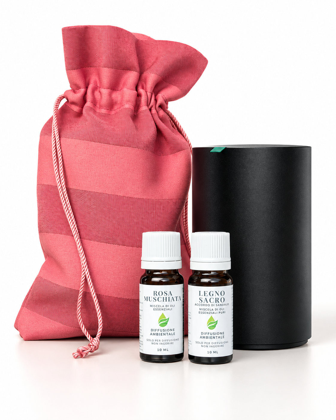 Kit Profumare con Eleganza EUODIA: diffusore a secco ZENITH 2 nero, miscele Rosa Muschiata e Legno Sacro 10 ml e sacchetto sartoriale cucito a mano
