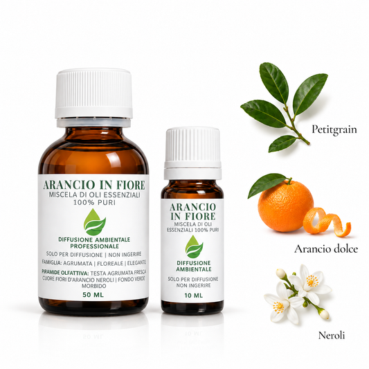 Arancio in Fiore, miscela di oli essenziali EUODIA con arancio dolce, neroli e petitgrain, con ingredienti agrumati