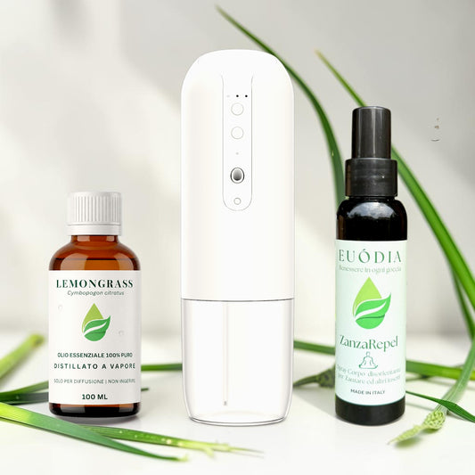 Kit Antizanzare Naturale con Zefiro e Olio Essenziale di Lemongrass da 100 ml Euodia