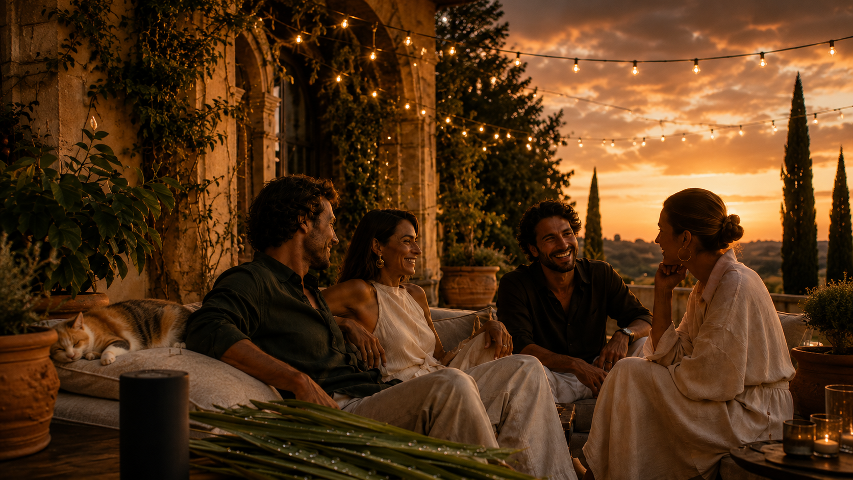 Gruppo di amici rilassati su un terrazzo al tramonto in estate, con un gatto e un diffusore Euodia a secco con citronella in primo piano