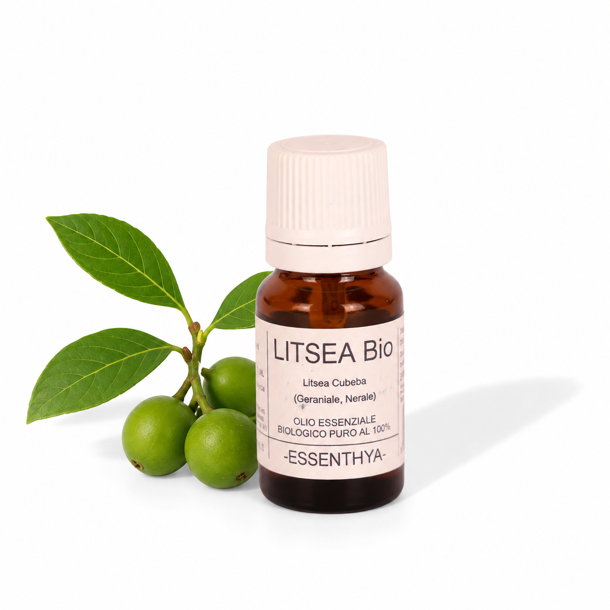 Flacone di olio essenziale di Litsea Cubeba Bio in vetro ambrato, con i piccoli frutti di litsea su fondo bianco — Litsea cubeba