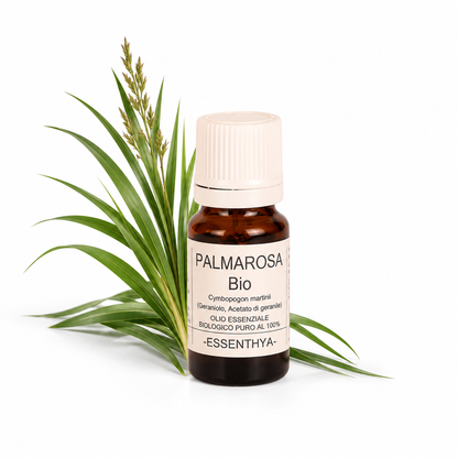 Flacone di olio essenziale di Palmarosa Bio in vetro ambrato, con steli di palmarosa su fondo bianco — Cymbopogon martinii