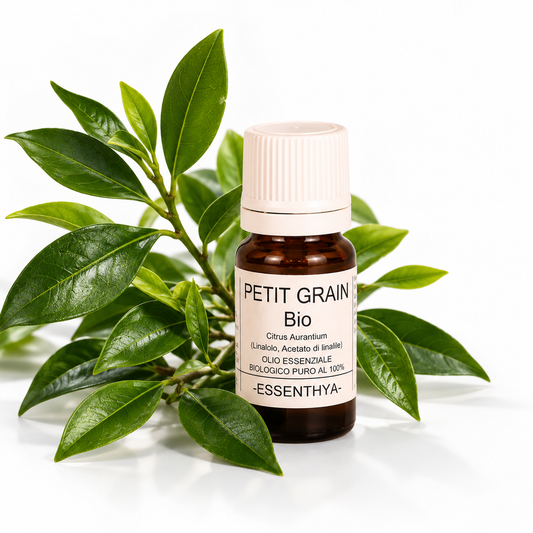Flacone di olio essenziale di Petit Grain Bio in vetro ambrato, con foglie e rametti di arancio amaro su fondo bianco — Citrus aurantium