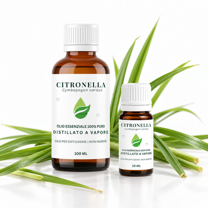 Flaconi di olio essenziale di Citronella Bio nei formati da 10 e 100 ml — Cymbopogon nardus