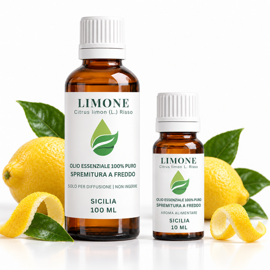 Olio essenziale di Limone Bio EUODIA, flaconi da 100 e 10 ml in vetro ambrato con limoni, foglie e bucce a spirale su fondo bianco — Citrus limon, spremitura a freddo di Sicilia