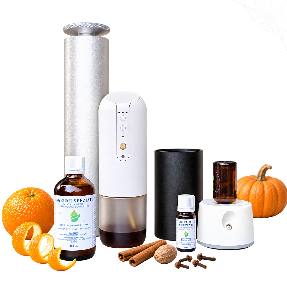 Kit Profumare Halloween EUODIA: diffusori a secco AURA, ZENITH, ZEFIRO e TAUER con la miscela Agrumi Speziati