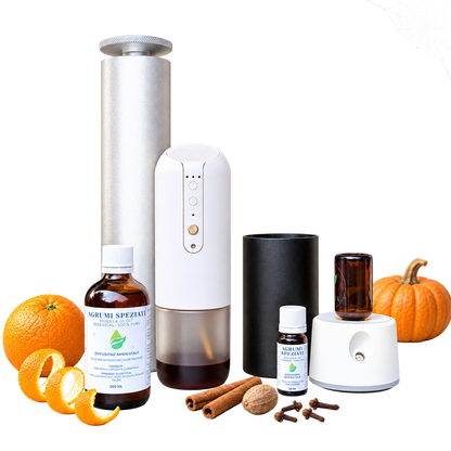 Kit Profumare Halloween EUODIA: diffusori a secco AURA, ZENITH, ZEFIRO e TAUER con la miscela Agrumi Speziati