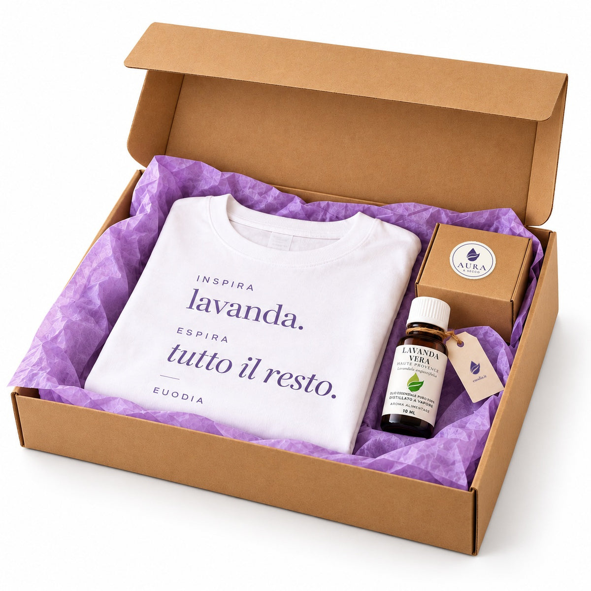 Kit Lavanda 360 EUODIA: maglietta «Inspira lavanda. Espira tutto il resto.», diffusore AURA e Lavanda Vera Bio in scatola kraft
