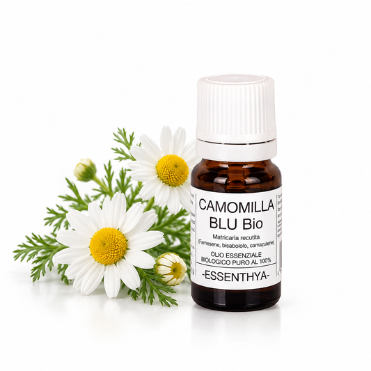 Flacone di olio essenziale di Camomilla Blu Bio da 5 ml accanto ai fiori di camomilla — Matricaria chamomilla