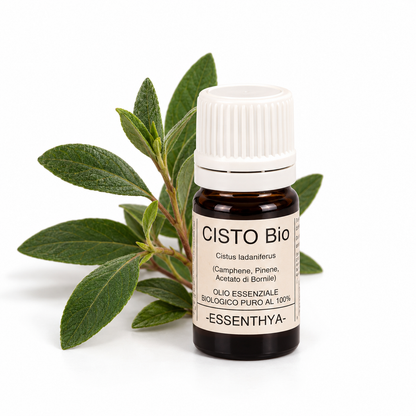 Flacone di olio essenziale di Cisto Bio da 5 ml accanto a foglie e rametti di cisto — Cistus ladaniferus