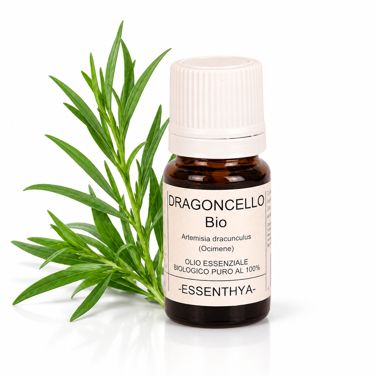 Flacone di olio essenziale di Dragoncello Bio da 5 ml accanto a foglie e rametti di dragoncello — Artemisia dracunculus