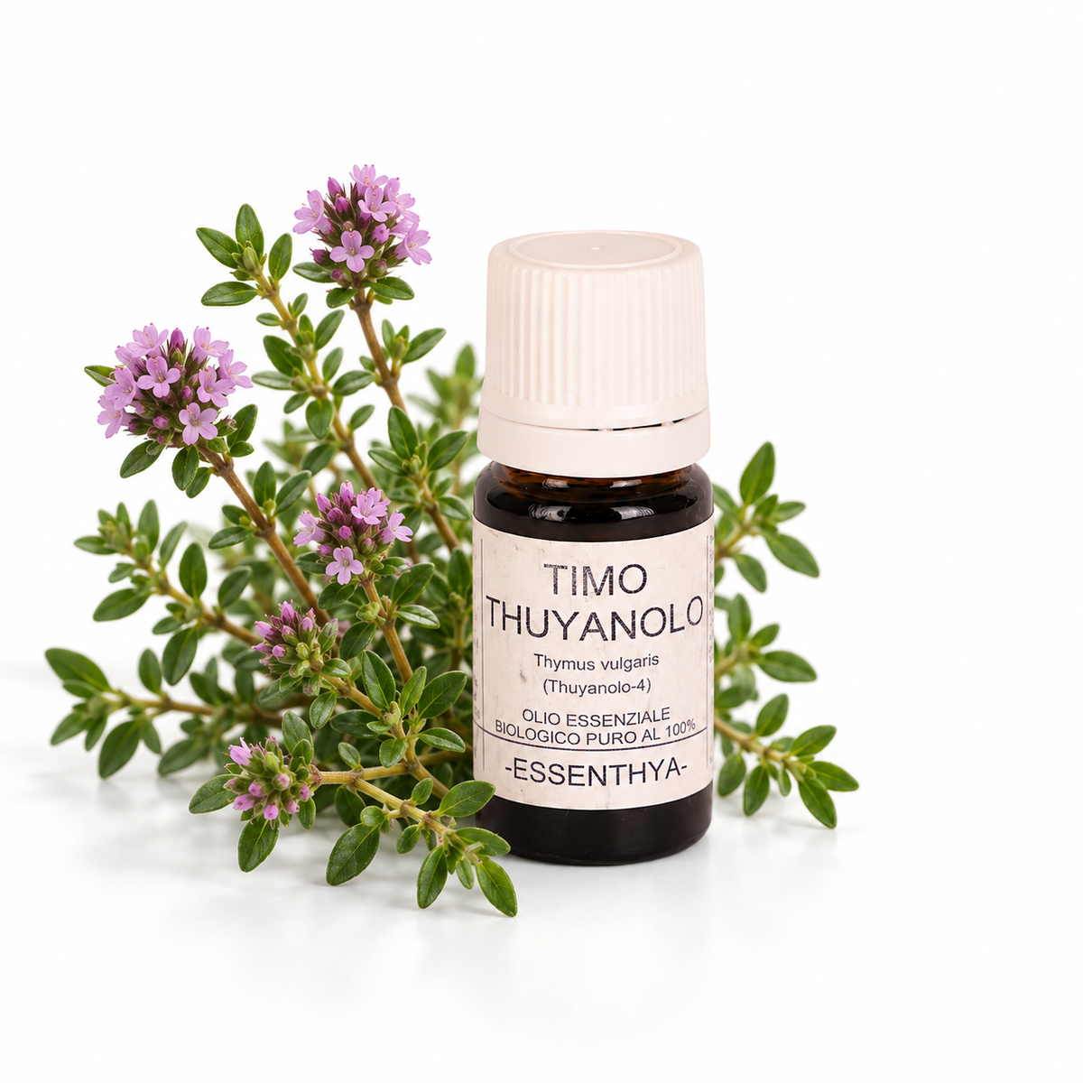 Flacone di olio essenziale di Timo Thuyanolo in vetro ambrato, con rametti di timo su fondo bianco — Thymus vulgaris