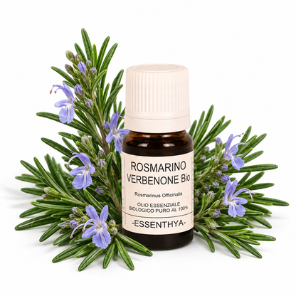 Flacone di olio essenziale di Rosmarino CT Verbenone Bio in vetro ambrato, con rametti di rosmarino su fondo bianco — Rosmarinus officinalis