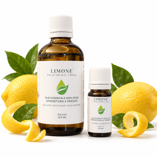 Olio essenziale di Limone Bio EUODIA, flaconi da 100 e 10 ml in vetro ambrato con limoni, foglie e bucce a spirale su fondo bianco — Citrus limon, spremitura a freddo di Sicilia