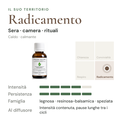 Legno Sacro: territorio Radicamento, intensità e persistenza in diffusione a secco – scheda di design olfattivo EUODIA