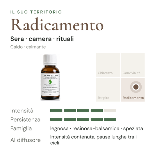 Legno Sacro: territorio Radicamento, intensità e persistenza in diffusione a secco – scheda di design olfattivo EUODIA