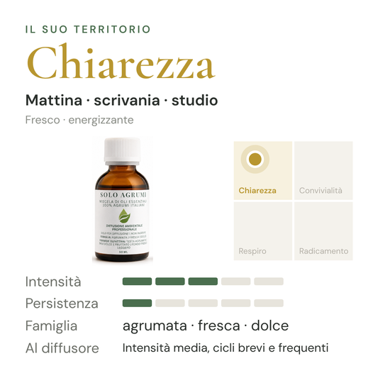 Solo Agrumi: territorio Chiarezza, intensità e persistenza in diffusione a secco – scheda di design olfattivo EUODIA