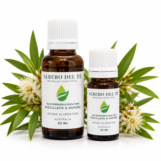 Olio essenziale Albero del Tè EUODIA nei formati 10 ml e 30 ml con elementi di melaleuca